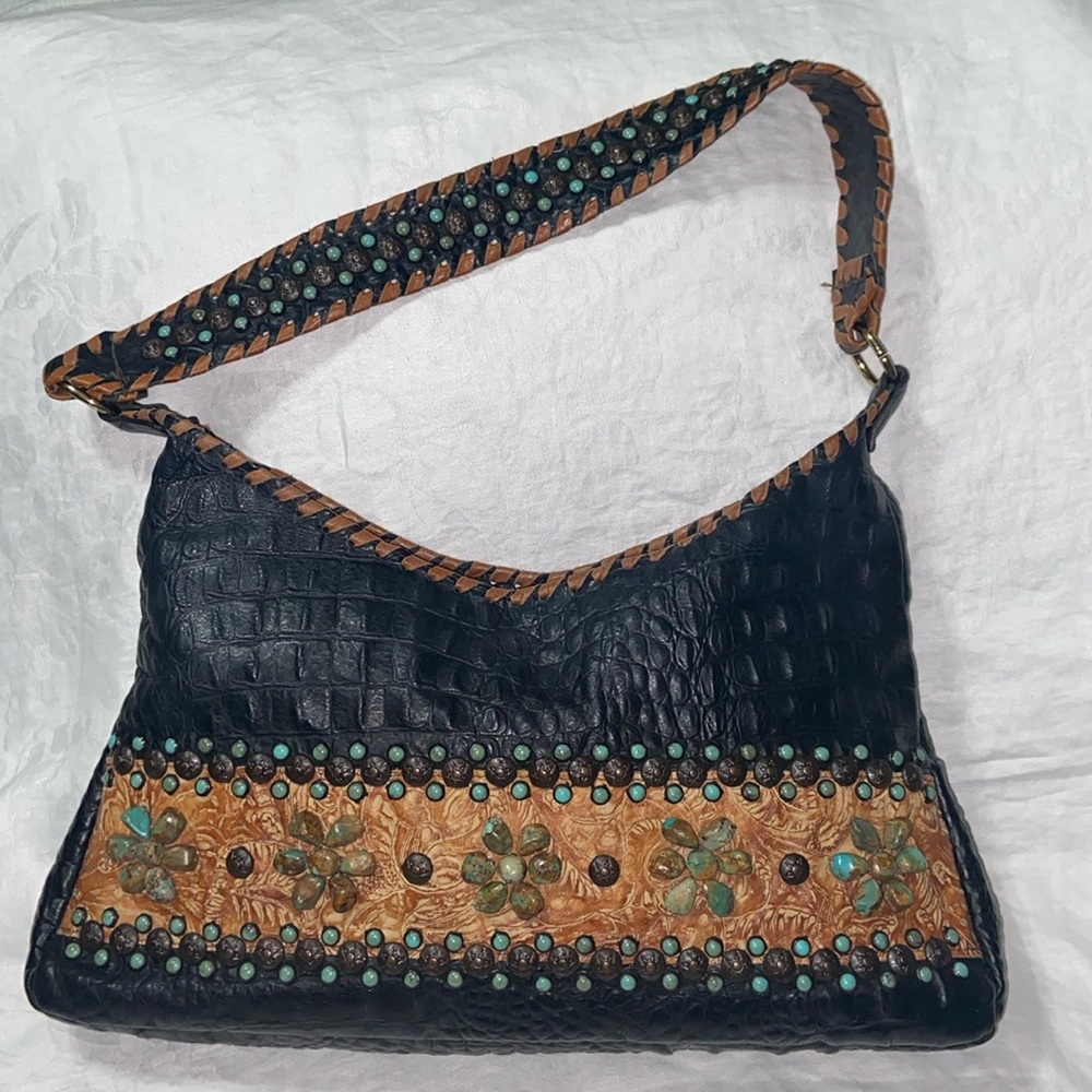 Like new KurtMen bag. Y2K Black Croc w/tan and tourquoise